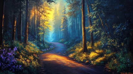 Serene Forest Pathway Bathed in Golden Light Surrounded by Lush Greenery and Colorful Wildflowers in a Tranquil Woodland Setting