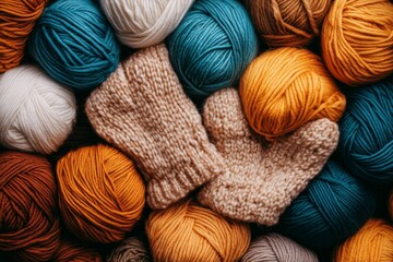 A winter knitting project featuring cozy wool mittens, surrounded by earthy-toned yarn skeins
