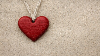 Red wooden heart pendant hanging on sandy background representing love and beach