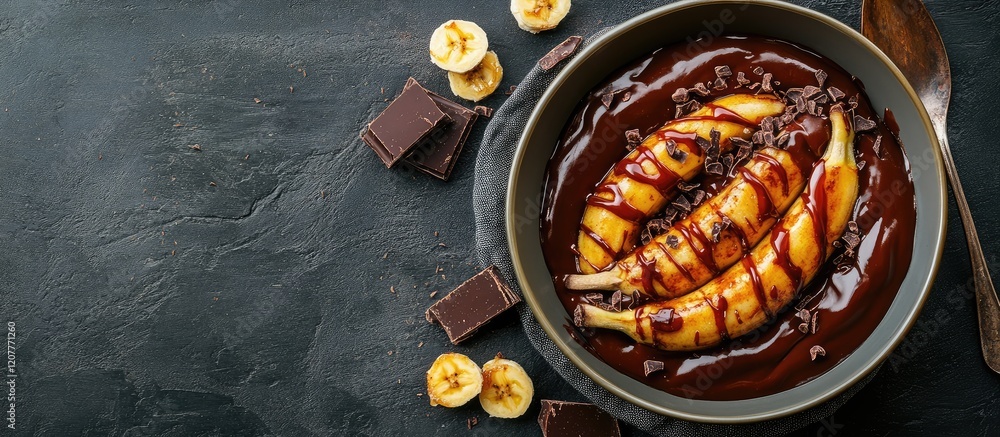 Poster fried bananas drizzled with rich chocolate and caramel sauce on a dark slate plate with fresh banana