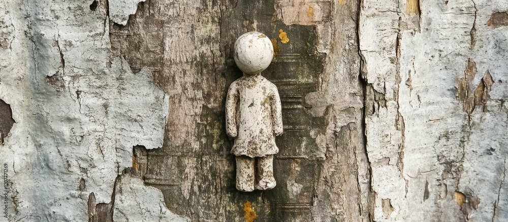 Poster rustic bark texture with worn wooden surface details featuring a gray painted figurine with fungus, 