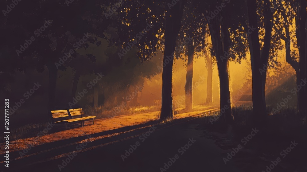 Aufkleber eerie dusk park scene with soft orange and yellow light, casting elongated shadows from trees and a 