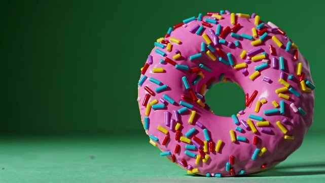 Delicious colorful donut with sprinkles sits on a green surface inviting viewers to indulge in a sweet treat