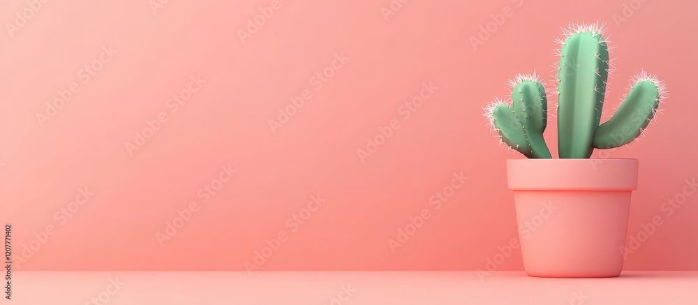 Poster green cactus in pastel pink pot on soft pink background with ample empty space for text and design e