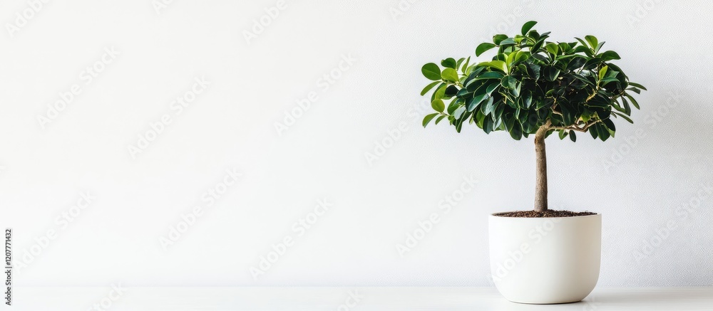 Poster lush green coral tree ficus in a modern white pot atop a minimalist table with bright white backgrou