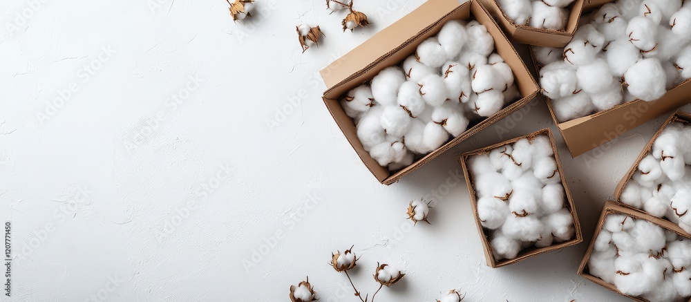 Poster top view of multiple brown boxes of cotton packs on white background with empty space for text or de