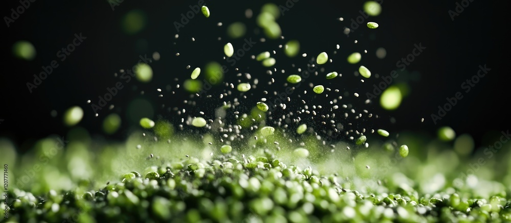 Poster green chia seeds cascading in slow motion against a dark black background with abundant empty space 