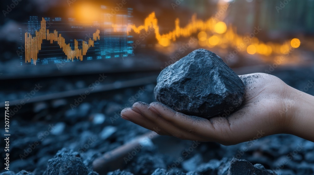Poster hand holding coal with graph data visual in background