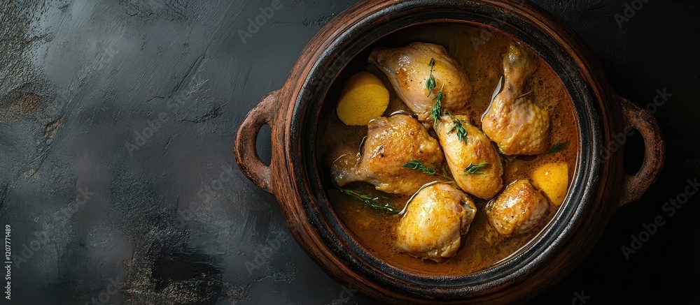 Poster ginger chicken simmering with turmeric in a rustic clay pot on a dark tabletop surrounded by vibrant