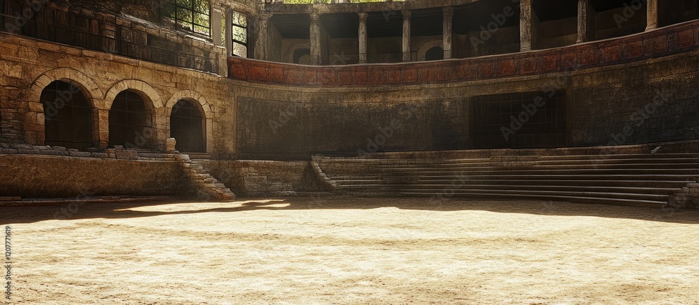 Poster ancient arena interior showcasing dusty stone architecture and empty combat space illuminated by sof