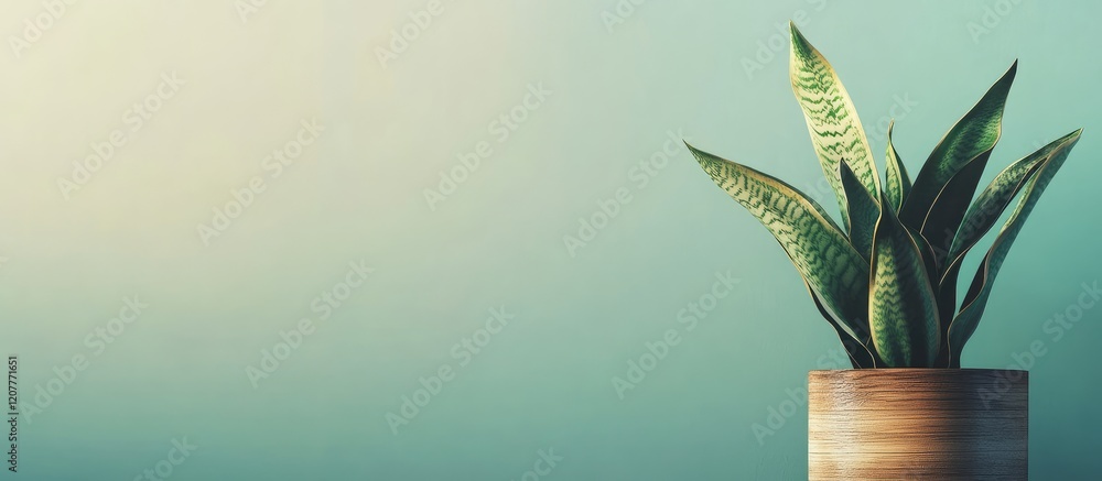 Poster white snake plant in a wooden pot positioned in the lower right corner against a soft teal gradient 