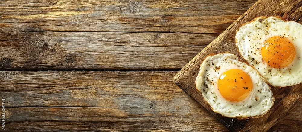 Poster delicious fried eggs with golden yolks and fresh vegetables on rustic wooden cutting board with empt