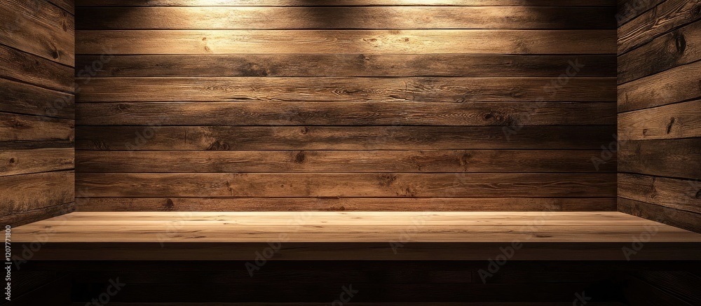Poster cozy minimalist lounge space featuring warm wooden accent walls illuminated by soft overhead lightin