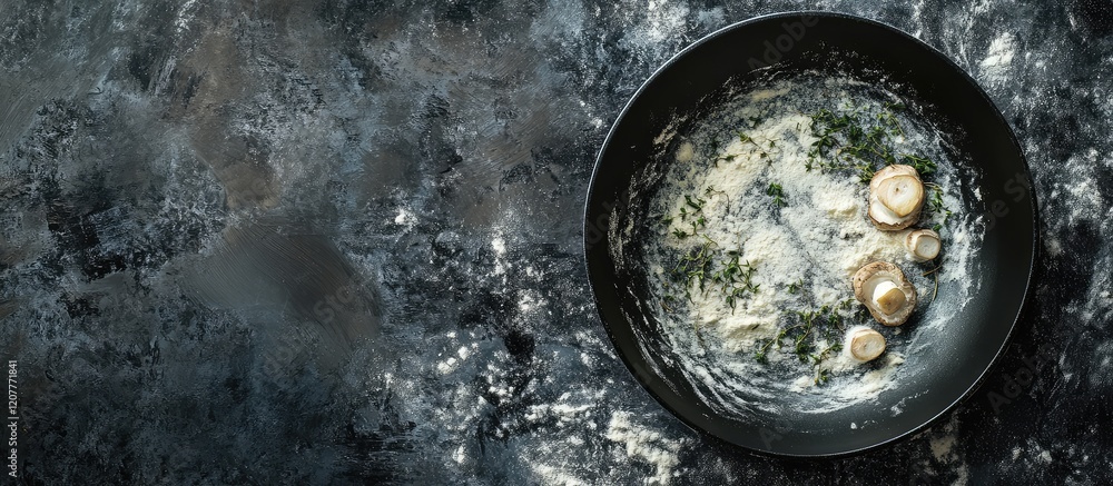 Aufkleber mushrooms and fresh herbs in a black frying pan on a dark textured surface with flour dust and empty