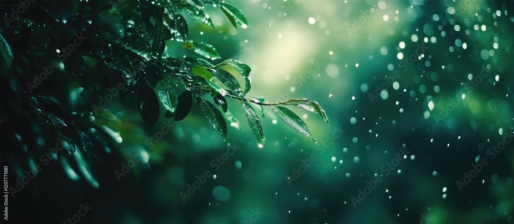 Poster lush green bokeh background with vibrant rain-drenched leaves and soft natural light creating a tran