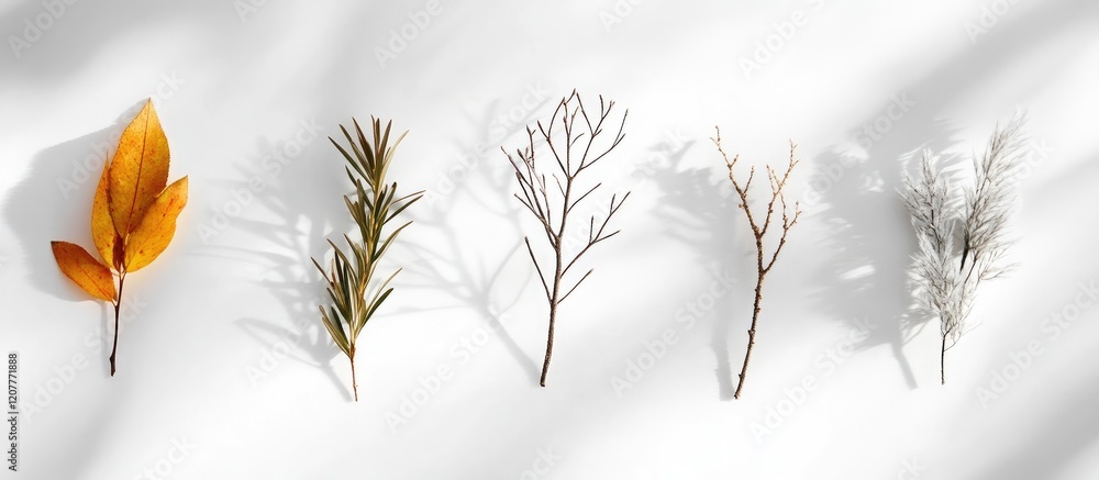 Poster minimalist arrangement of natural leaves and twigs in warm earthy tones on soft white background wit