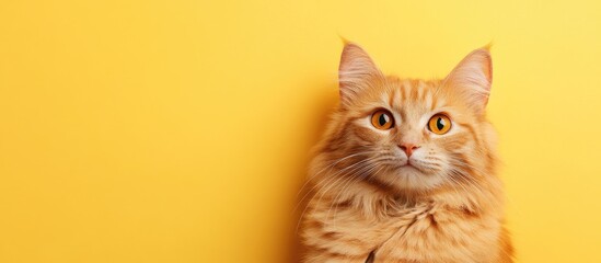 Ginger cat with a melancholy expression against a bright yellow background, featuring ample empty space for text or graphic overlays.