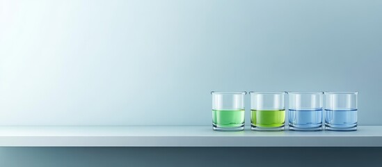 Laboratory shelf displaying glass beakers with colorful green and blue solutions, featuring empty space for text on a light gray background.
