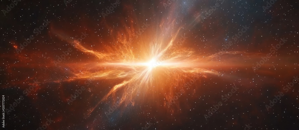 Poster vibrant orange and multicolored cosmic nebula in deep space with luminous stars and expansive empty 
