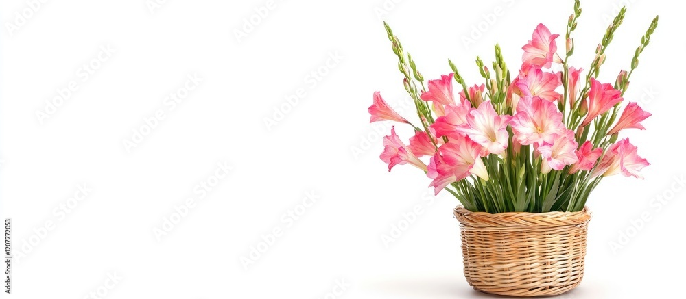 Poster delicate pink gladiolus flowers arranged in a wicker basket on a clean white background with ample e