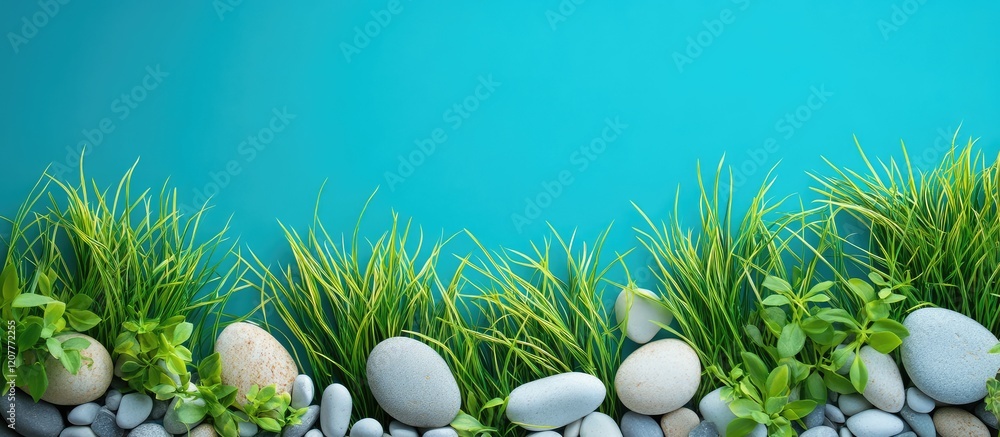 Poster vibrant blue background with green grass and smooth pebble stones arranged horizontally with empty c