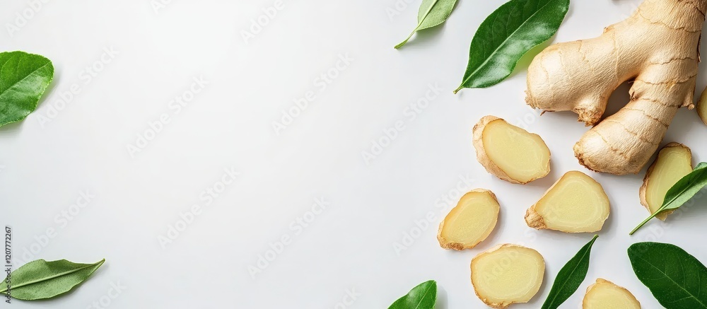 Poster fresh ginger root and sliced ginger pieces adorned with vibrant green leaves on a clean white backgr