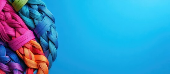 Colorful braided hair bands arranged in a circular pattern on a vibrant blue background with ample blank space for custom text and design elements