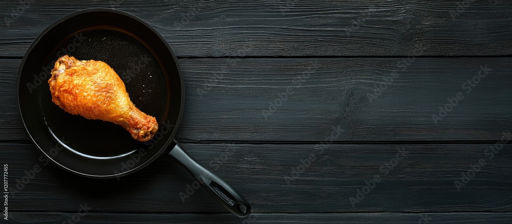 Poster golden crispy fried chicken leg in a black frying pan on a dark wooden surface with ample empty spac