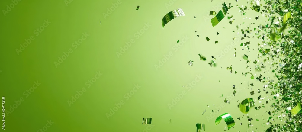 Poster vibrant green birthday party celebration with colorful confetti falling against a soft green backgro
