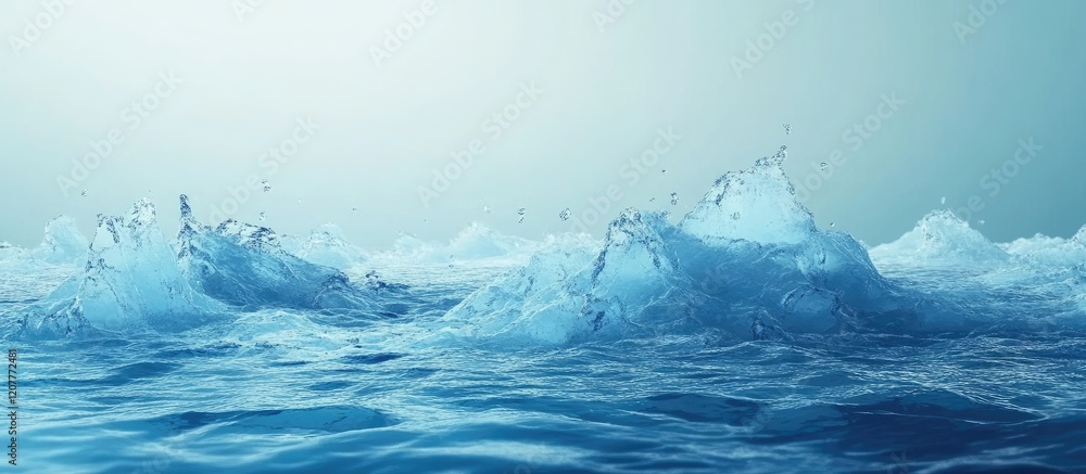 Poster refreshing glacial water drops splashing against a soft blue background with tranquil copy space for