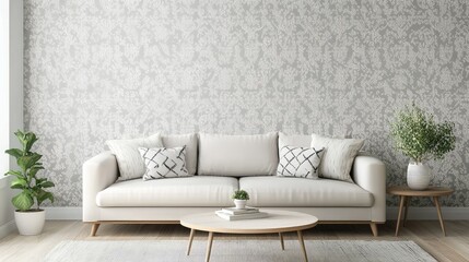 Spacious modern living room with light gray patterned wallpaper, minimalist white sofa, wood coffee table, and green potted plants in bright natural light