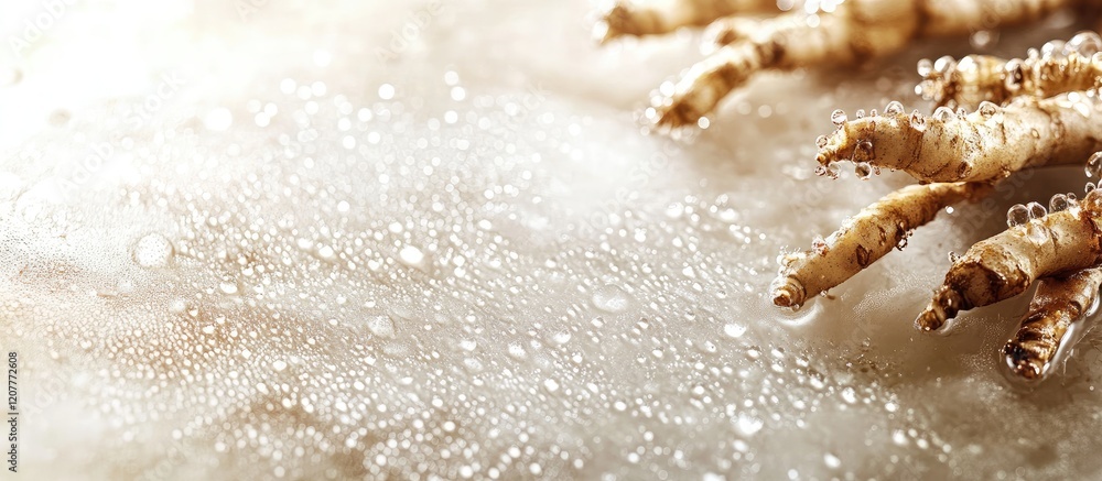 Poster close-up of fresh ginger root adorned with dew drops on a light textured surface, featuring ample wh