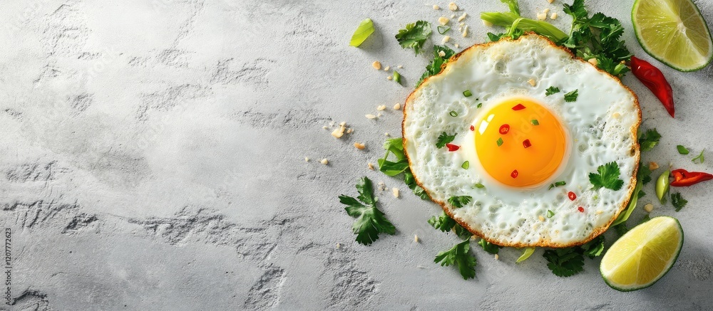 Poster fried egg topped with lime and chili beside a vibrant thai style vegetarian salad on a textured gray