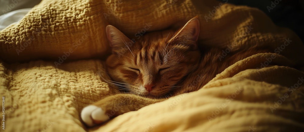 Poster ginger cat relaxing on warm yellow blanket in soft ambient light with serene copy space for text in 