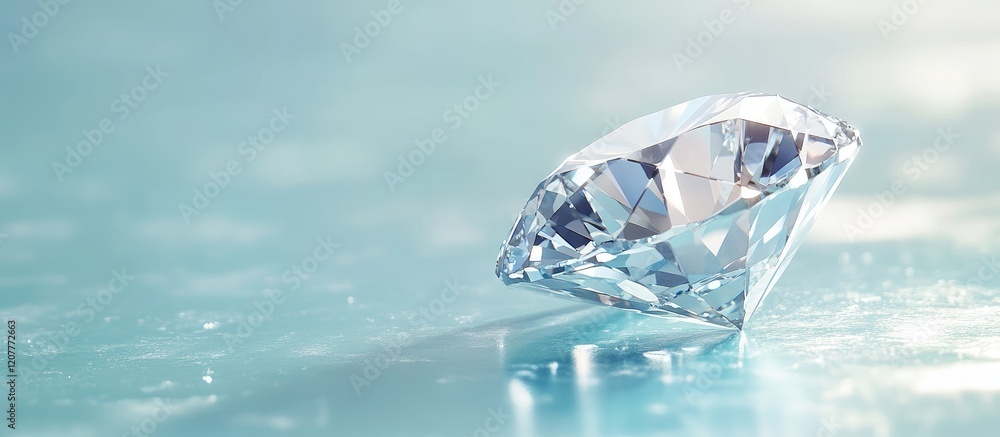 Poster minimalist close-up of a sparkling diamond ring on a soft turquoise background with ample negative s