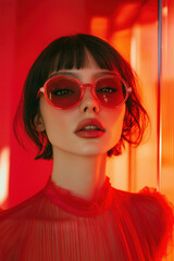 A striking fashion portrait of a woman wearing bold red sunglasses and a sheer red outfit. The vibrant background and confident expression enhance the modern, edgy aesthetic.
