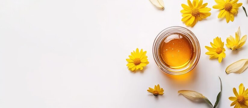 Honey Jar Surrounded by Yellow Aster Flowers on White Background Top View with Empty Space for Text Creative Layout for Product Design