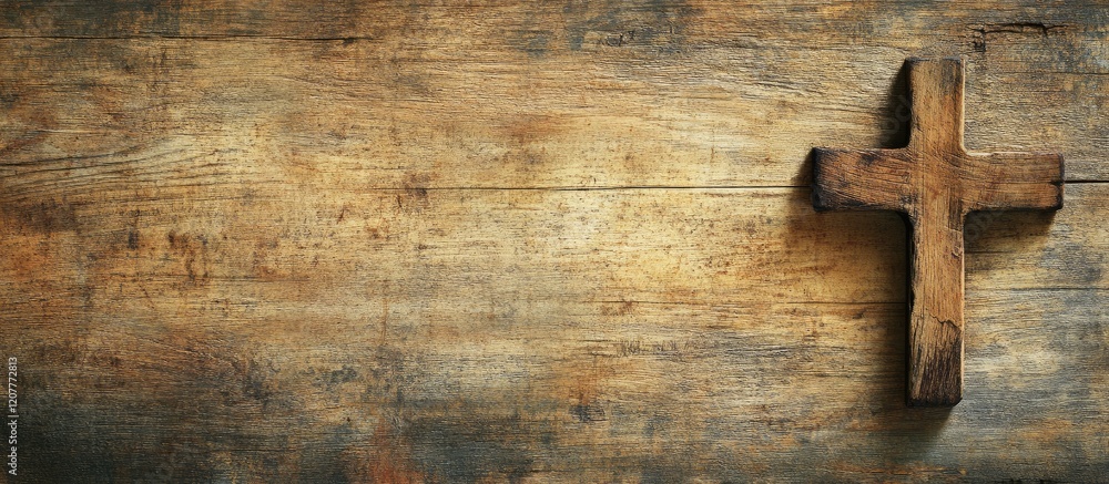 Poster wooden cross on rustic textured background with empty copy space for inspirational text in warm eart