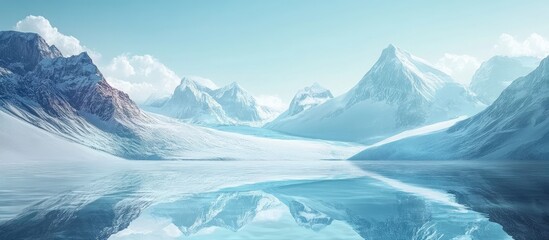Fototapeta premium Serene Glacial Landscape with Melting Icebergs Reflecting in Crystal Clear Waters Under Bright Blue Sky in Majestic Mountain Range
