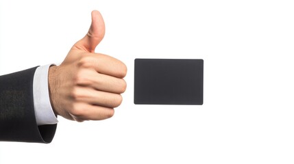 Hand holding blank card with thumbs up gesture on white background celebrating success and approval in business or personal contexts