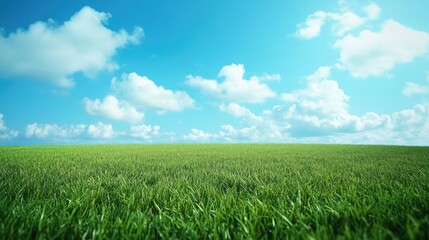 Obraz premium Lush green golf course under a clear blue sky with fluffy white clouds on a bright sunny day