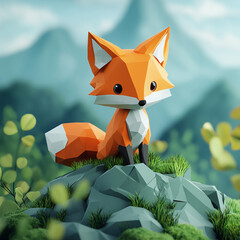 3D rendering C4D blind box design A cute prehistoric fox on a hill, origami style, simple, isolated, cartoon