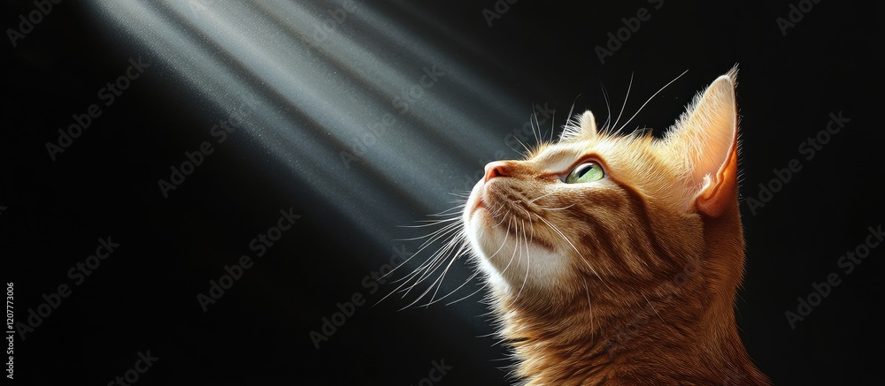 Poster ginger cat with green eyes illuminated by soft sunbeam rays in dark background with ample copy space
