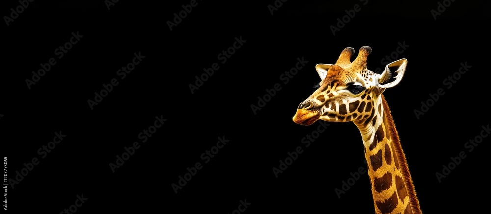 Poster close-up portrait of majestic giraffe against solid black background highlighting unique patterns an