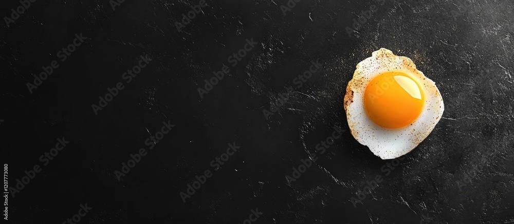 Poster fried egg with burst yolk on dark black background generating copy space for culinary text and food 