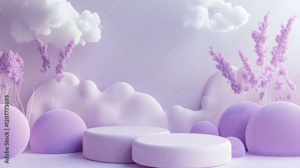 Poster soft lilac background with dreamy clouds and plenty of open space for featuring products
