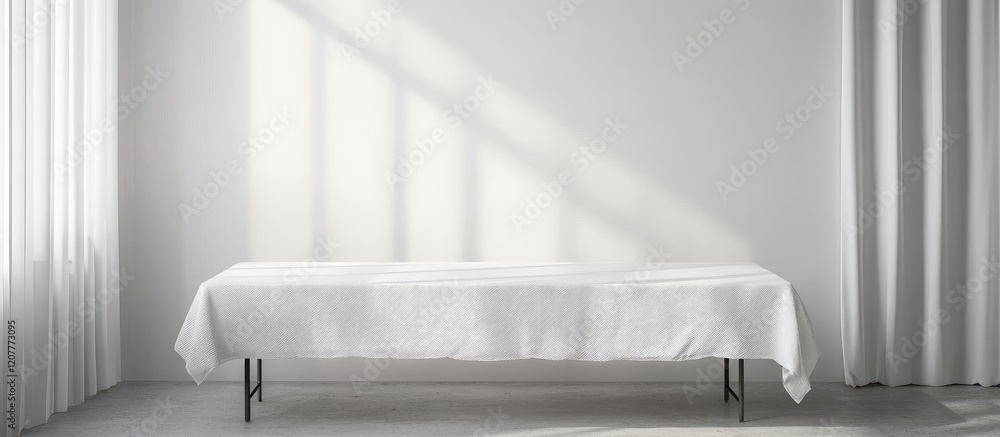 Poster bright minimalist interior featuring a clean white table against a soft white backdrop, perfect for 