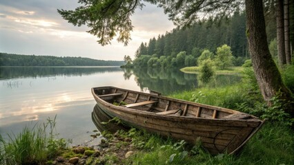 An old wooden boat resting on a tranquil lake surrounded by lush greenery and towering trees, tree line, greenery, old wooden boat