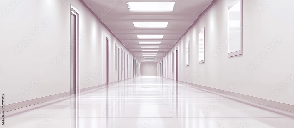 Poster modern minimalist long hallway interior design in soft white and light gray with abundant empty spac