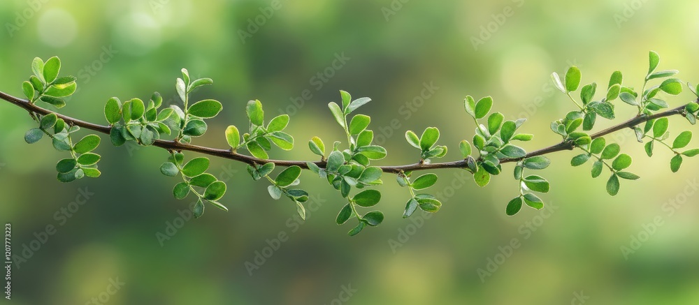 Aufkleber fresh green branch adorned with vibrant leaves set against a softly blurred spring forest background
